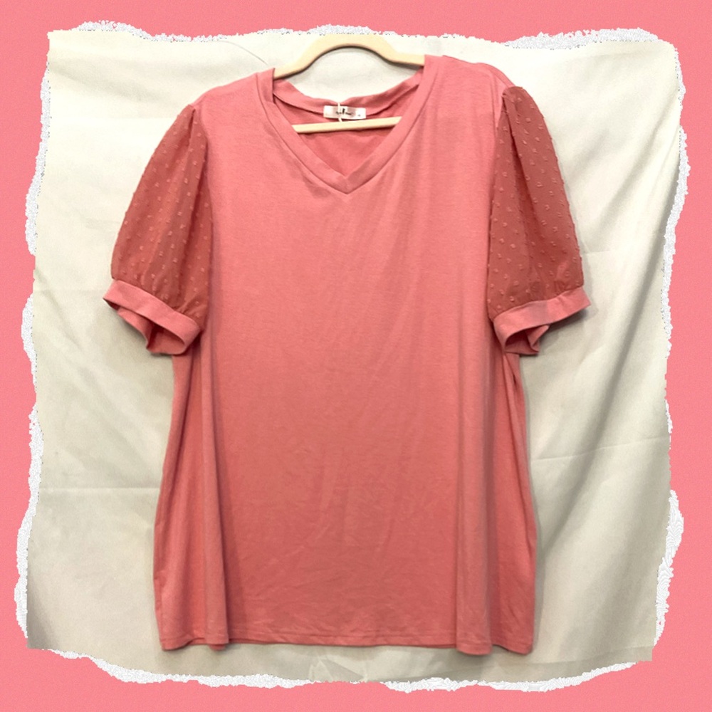Pink V-Neck Top with Sheer Sleeves NWT 26”P2P 29”length - Picture 2 of 3
